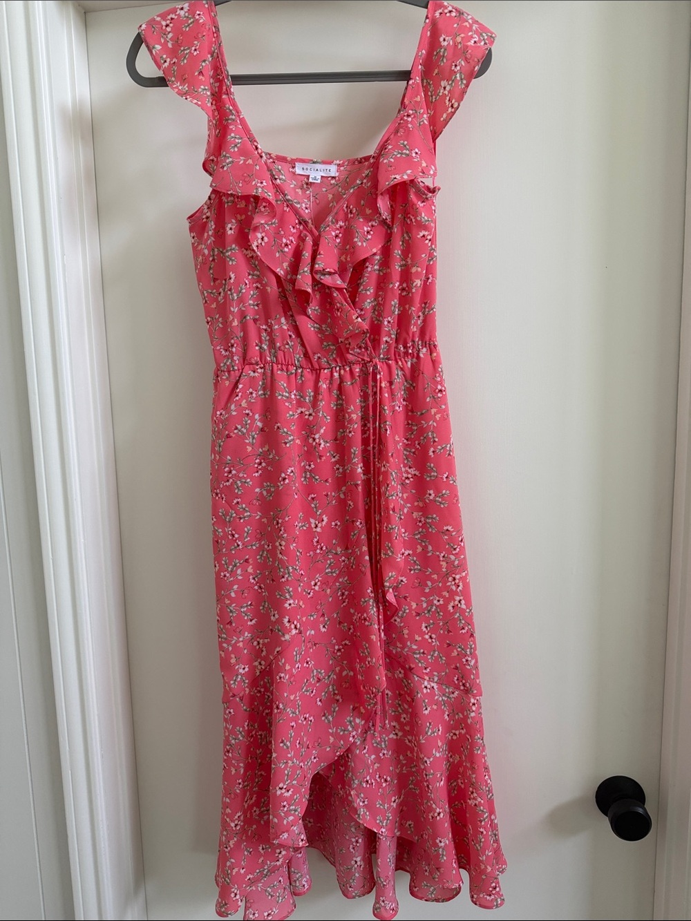 Nordstrom Floral Ruffle Midi Dress in Coral Pink